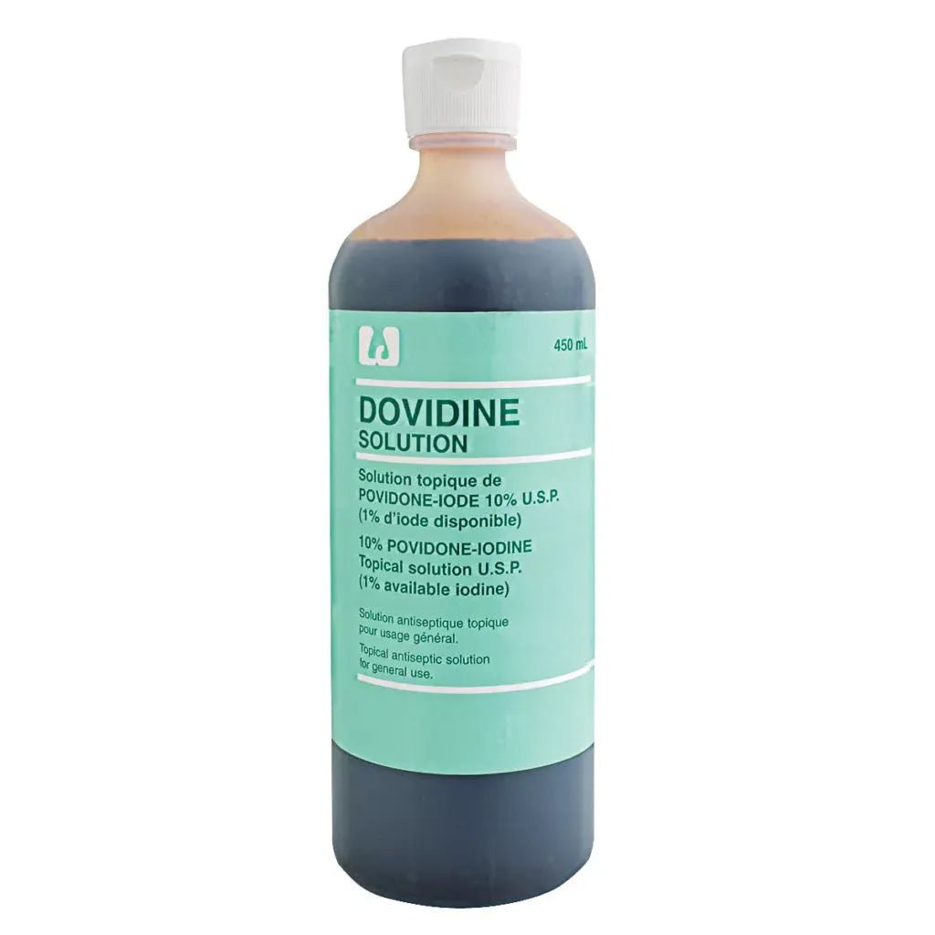 Bottle of Dovidine Solution with green label and white cap. - Okotoks HC Pharmacy
