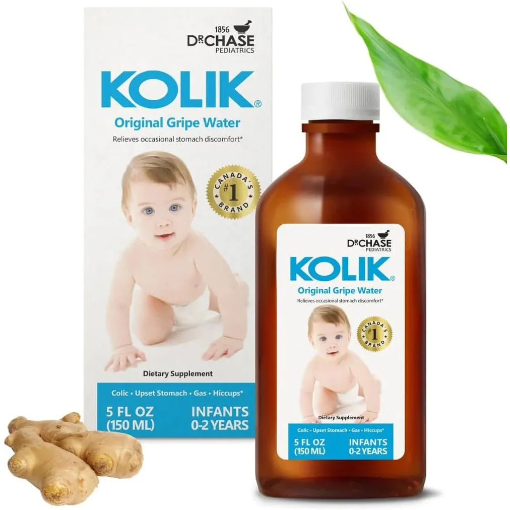 KOLIK Original Gripe Water bottle and packaging with ginger root on a white background - okotoks hc pharmacy
