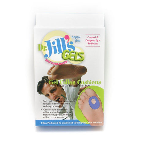 Packaging of Dr. Jill's Gels Gel Callus Cushions with a podiatrist illustration on a white background. - okotoks hc pharmacy