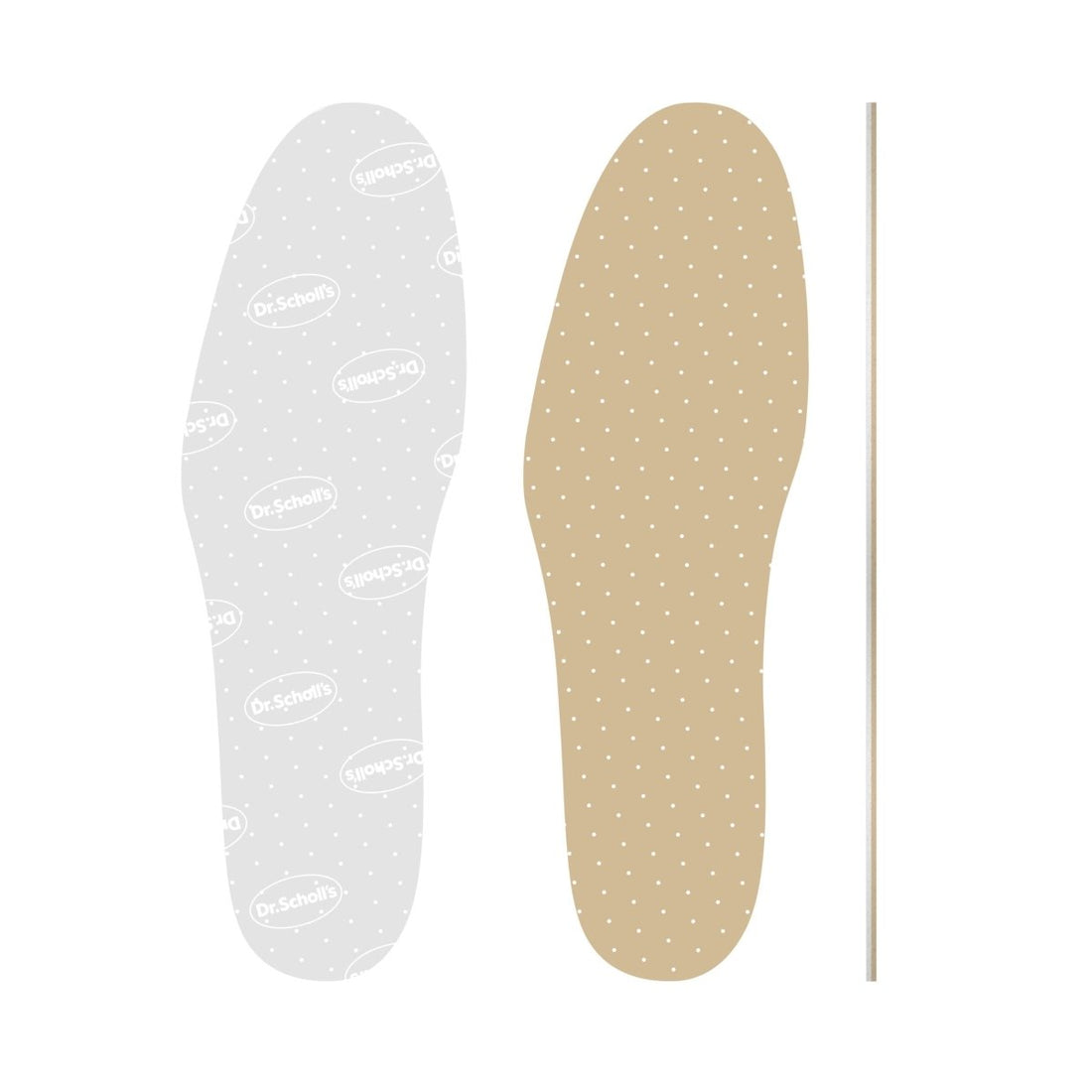 Two pairs of insole pads, one clear and one beige with polka dots, on a white background. - okotoks hc pharmacy