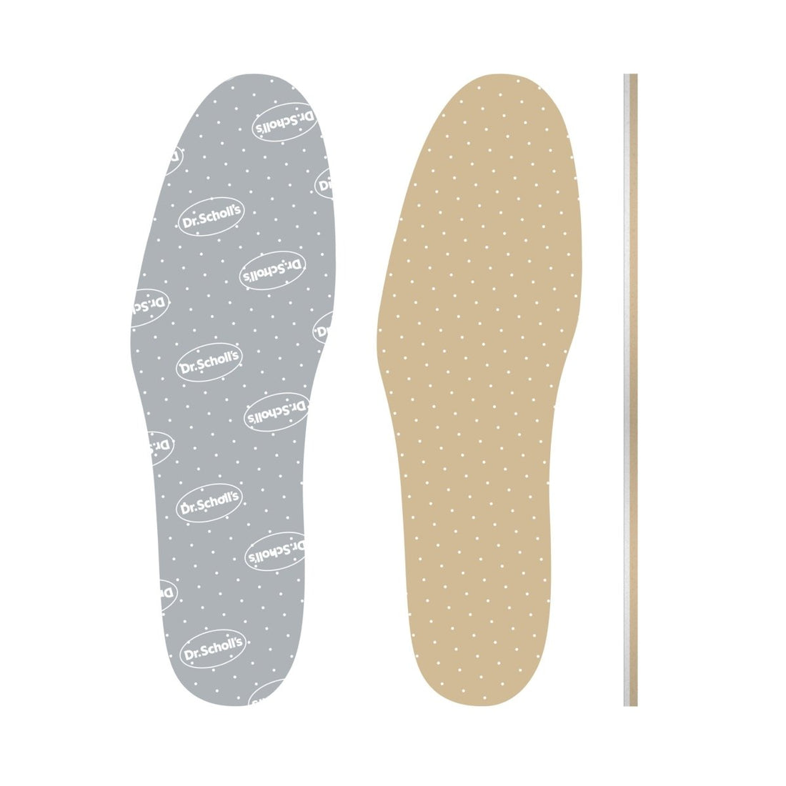 Two pairs of shoe insoles, one gray and one beige, with Dr. Scholl's branding on a white background. - okotoks hc pharmacy