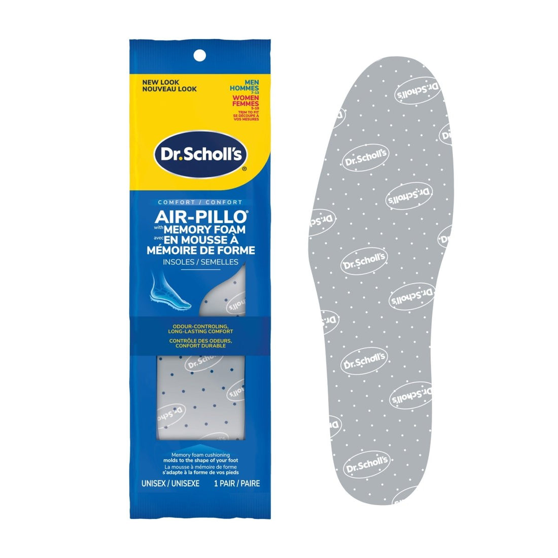Dr. Scholl's Air-Pillo memory foam insole packaging with a sample insole on a white background. - okotoks hc pharmacy