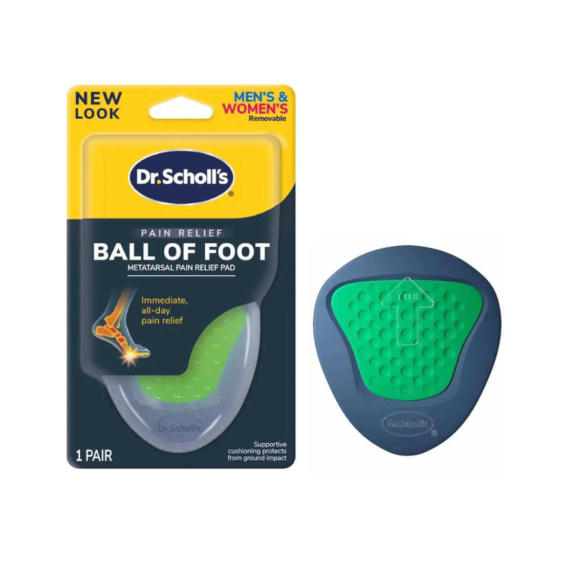 Dr. Scholl's Ball of Foot pain relief pad packaging with a green and blue pad on a white background - okotoks hc pharmacy