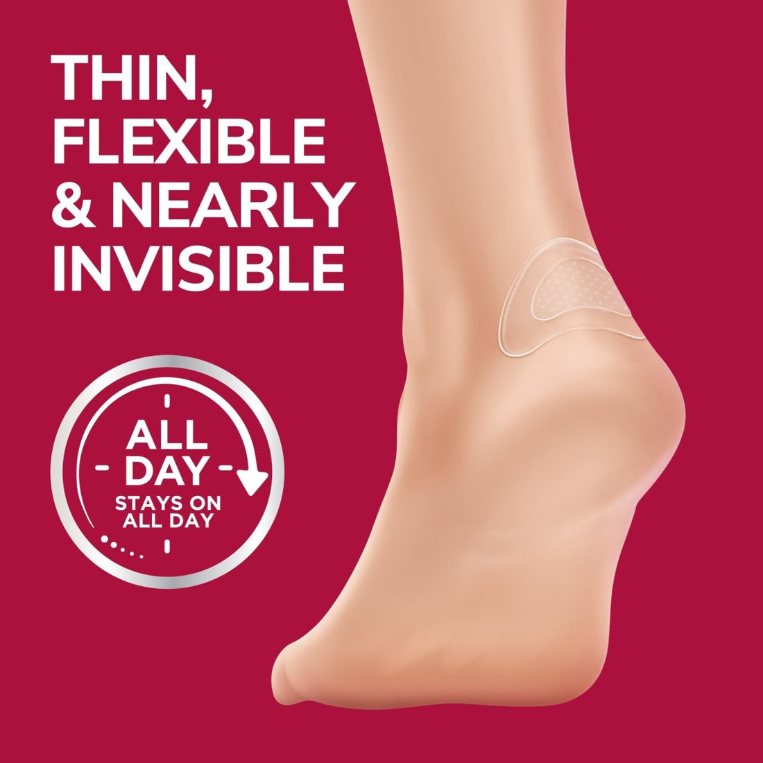 Foot wearing a thin, flexible, nearly invisible adhesive patch with text on a red background. - okotoks hc pharmacy