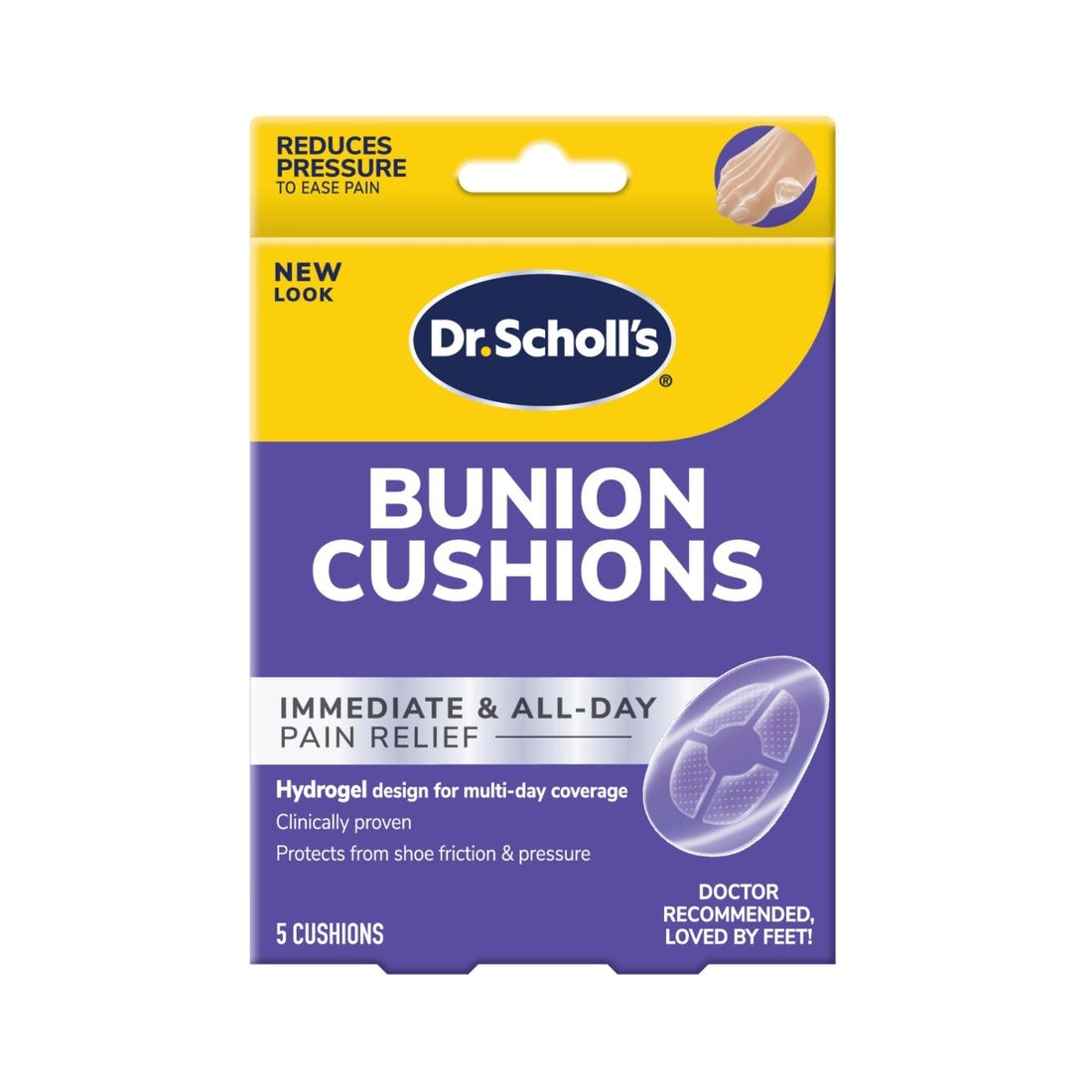 Dr. Scholl's Bunion Cushions packaging with yellow and purple design. - okotoks hc pharmacy