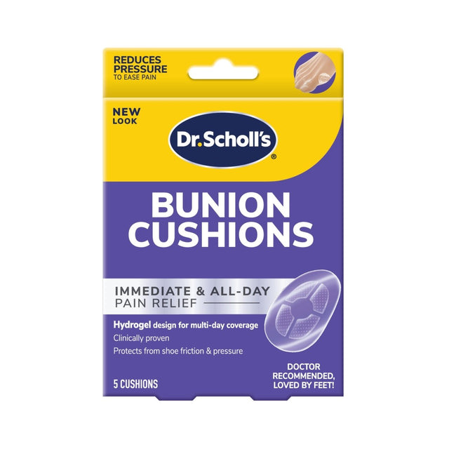 Dr. Scholl's Bunion Cushions packaging with yellow and purple design. - okotoks hc pharmacy