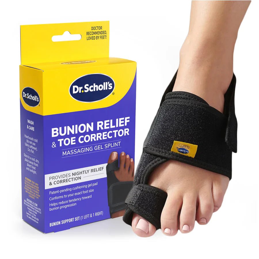 Dr. Scholl's bunion relief and toe corrector with packaging on a white background - okotoks hc pharmacy