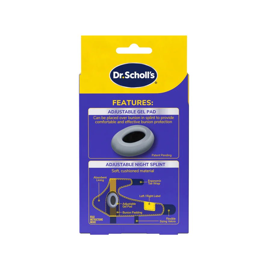 Dr. Scholl's adjustable night splint packaging with features listed on a white background - okotoks hc pharmacy
