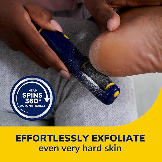 Person using a foot exfoliation tool on their foot with text highlighting feature and effectiveness. - okotoks hc pharmacy