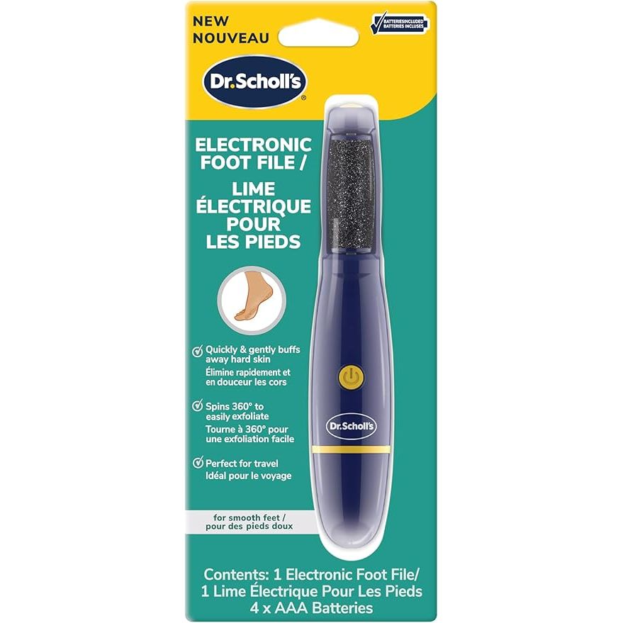 Dr. Scholl's electronic foot file packaging with blue handle and yellow accents. - okotoks hc pharmacy