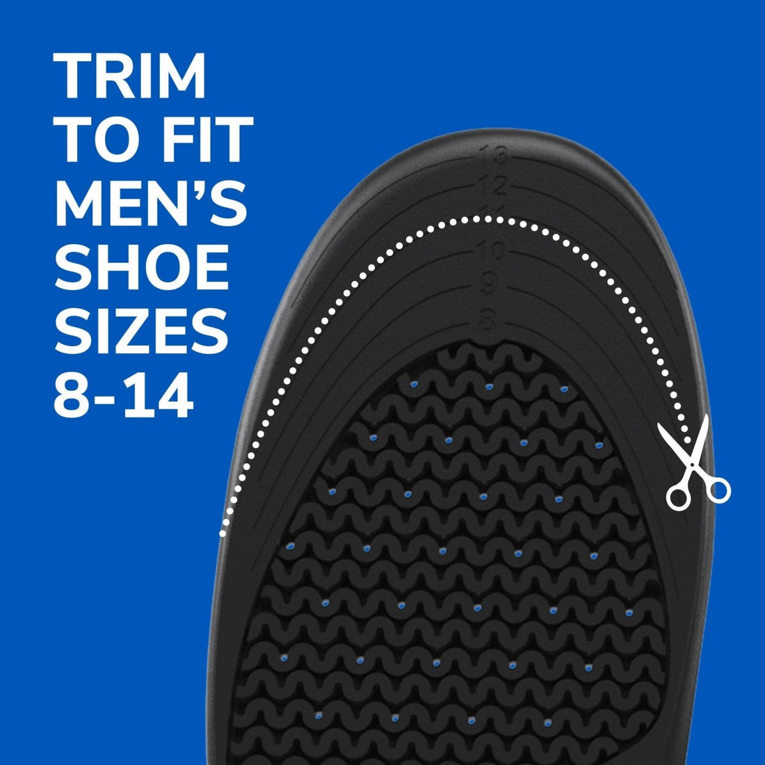 Black shoe sole with size markings and text on a blue background - okotoks hc pharmacy