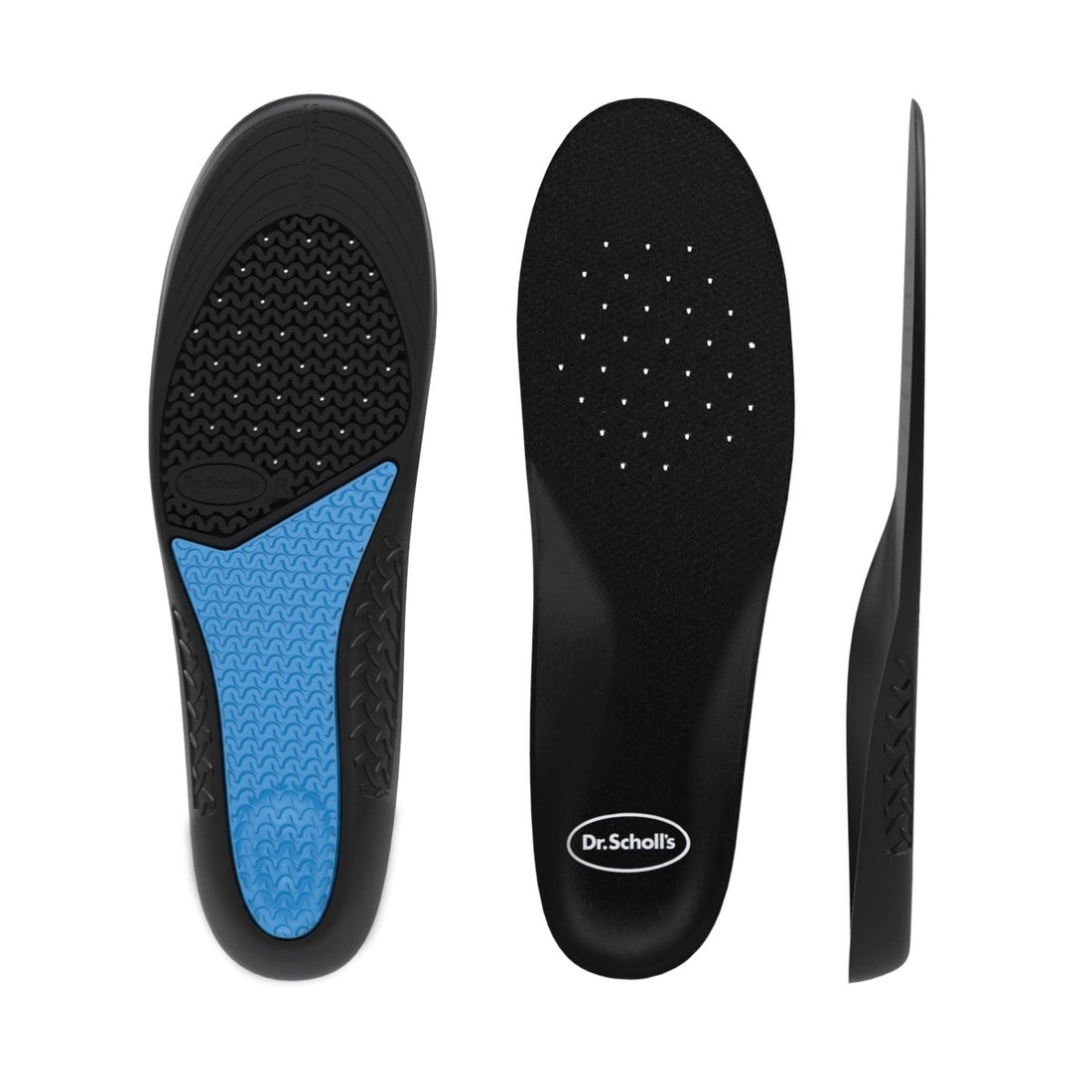 Black shoe insole with blue heel cup and Dr. Scholl's branding on a white background - okotoks hc pharmacy