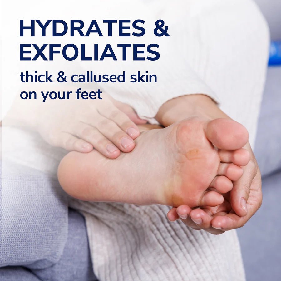 Person holding a foot with text about hydrating and exfoliating thick and callused skin on feet. - okotoks hc pharmacy
