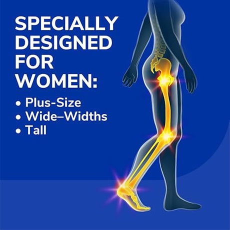 Illustration of a human body with highlighted bones on a blue background, featuring text about product design for women. - okotoks hc pharmacy