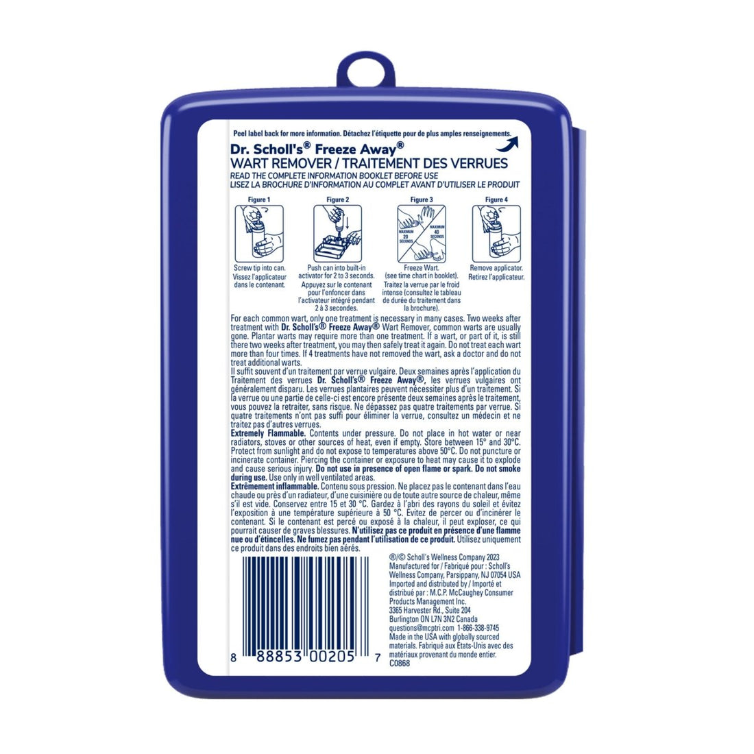 Back of a blue packaging with text and barcodes on a white background - okotoks hc pharmacy