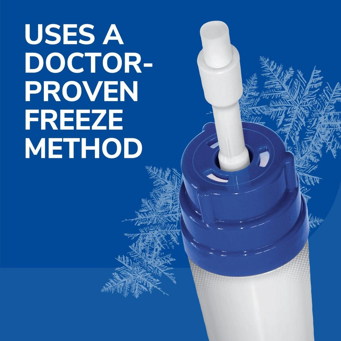 wart remover with text 'Uses a doctor-proven freeze method' on a blue background with snowflake graphics. - okotoks hc pharmacy