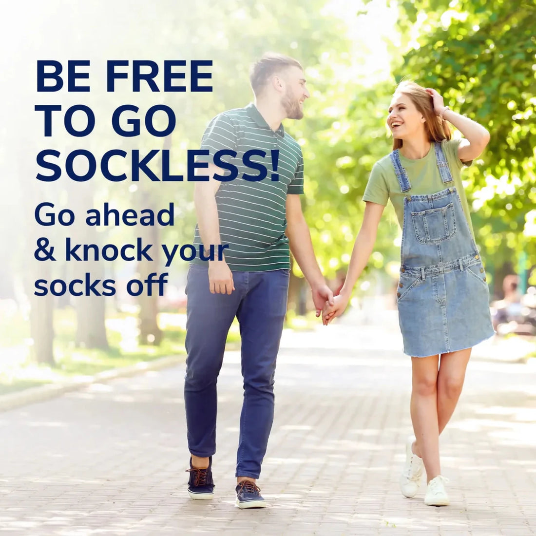 Two people walking hand in hand on a path with text about being sockless. - okotoks hc pharmacy