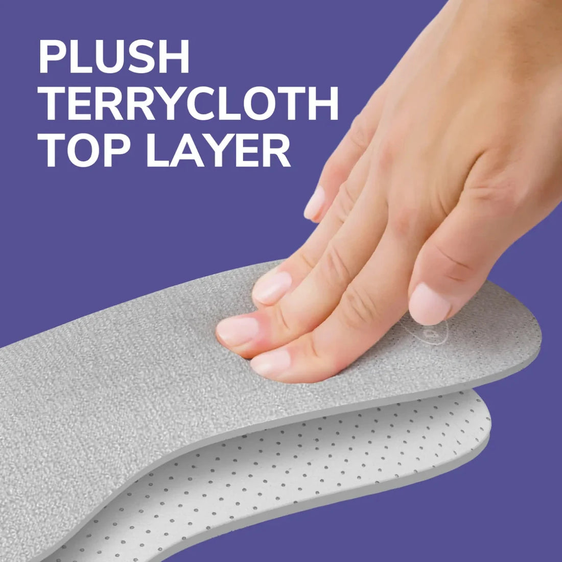 Hand touching a plush terrycloth top layer of an insole with a blue background and text. - okotoks hc pharmacy