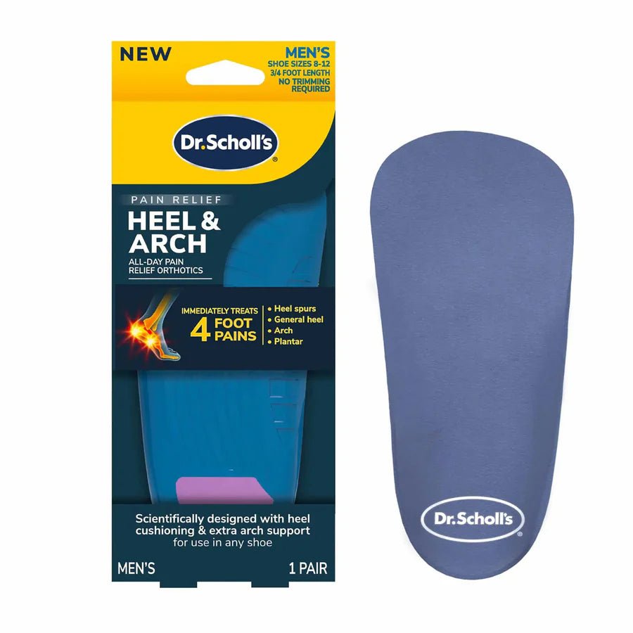 Dr. Scholl's heel and arch orthotic packaging with a blue orthotic on a white background - okotoks hc pharmacy