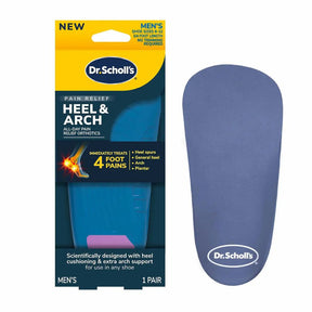 Dr. Scholl's heel and arch orthotic packaging with a blue orthotic on a white background - okotoks hc pharmacy