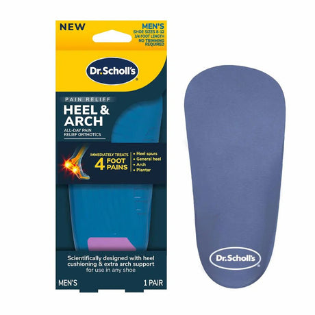 Dr. Scholl's heel and arch orthotic packaging with a blue orthotic on a white background - okotoks hc pharmacy