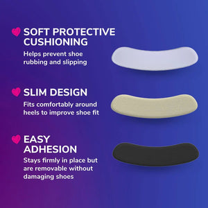 Three shoe inserts in white, beige, and black on a blue background with text about their features. - okotoks hc pharmacy