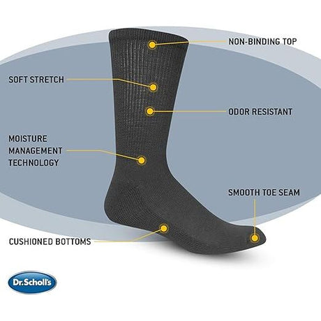 Black sock with labeled features on a gray background, featuring the Dr. Scholl's logo. - okotoks hc pharmacy