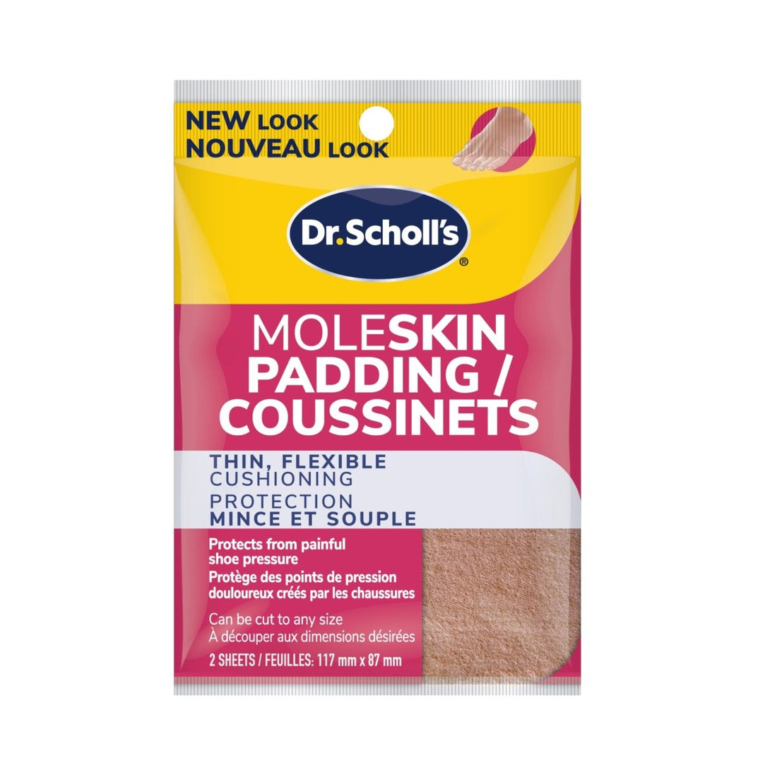 Packaging of Dr. Scholl's Moleskin Padding with yellow and pink design. - okotoks hc pharmacy