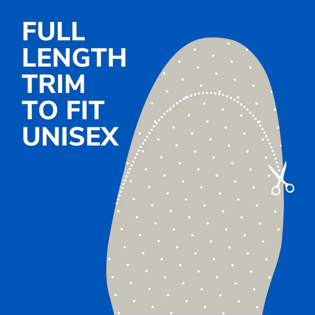 Gray insole with white polka dots on a blue background, featuring text and scissors icon. - okotoks hc pharmacy