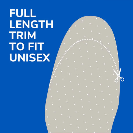 Gray insole with white polka dots on a blue background, featuring text and scissors icon. - okotoks hc pharmacy