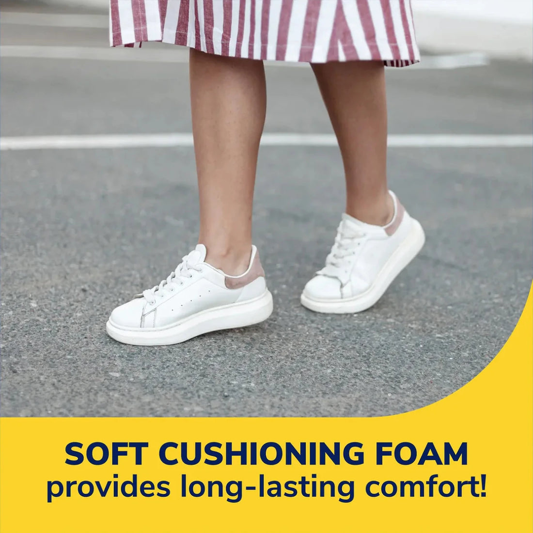 White sneakers worn on a road with text about soft cushioning foam - okotoks hc pharmacy