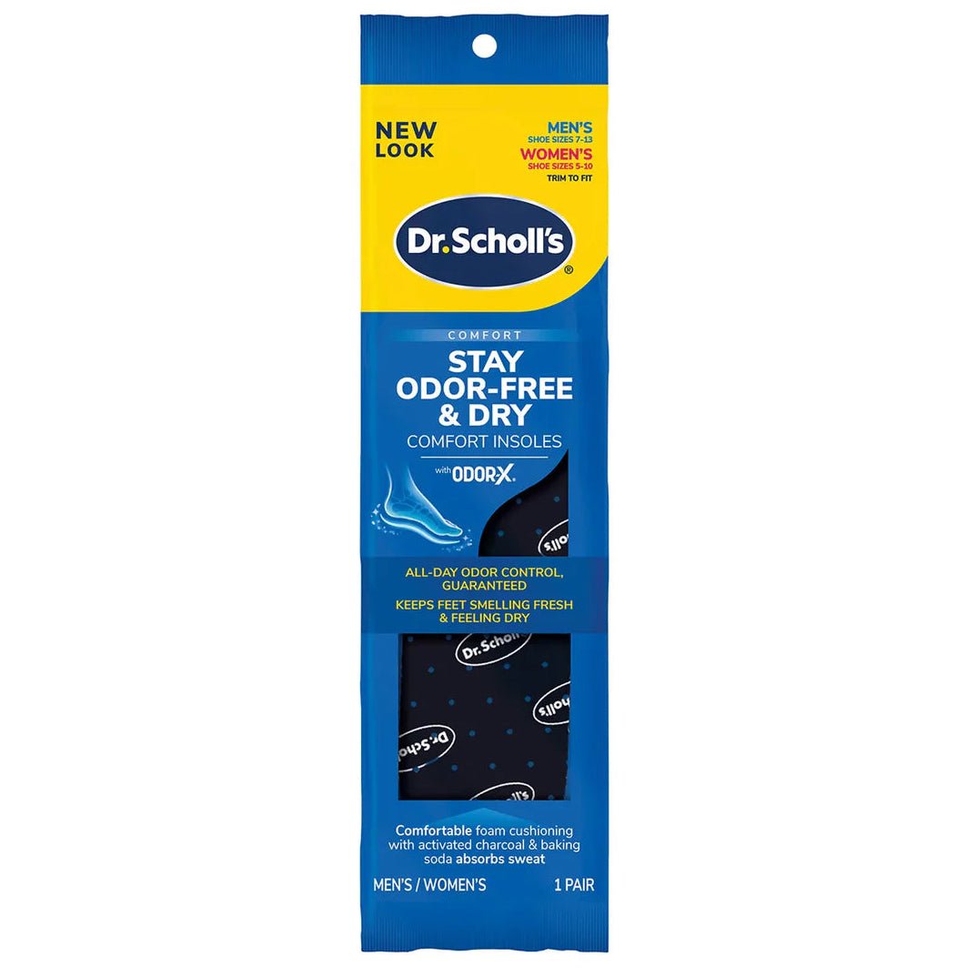 Dr. Scholl's packaging for odor-free and dry comfort insoles on a white background - okotoks hc pharmacy