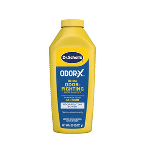 Yellow bottle of Dr. Scholl's Odor-X Ultra Odor-Fighting Foot Powder on a white background - okotoks hc pharmacy
