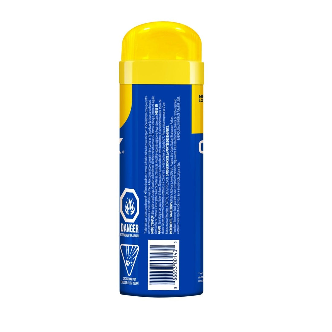 A blue and yellow aerosol can shown from the back, featuring warning labels, a barcode, and a yellow cap, on a plain white background. - okotoks hc pharmacy