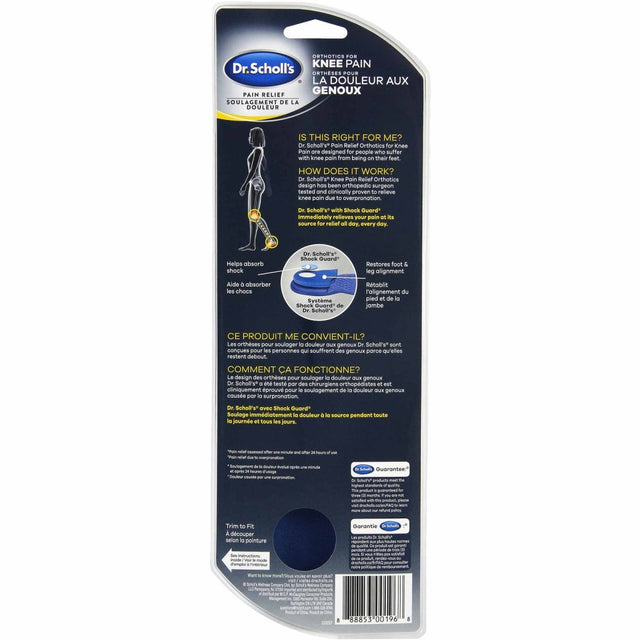 Dr. Scholl's knee pain relief device packaging with text and graphics on a white background - okotoks hc pharmacy