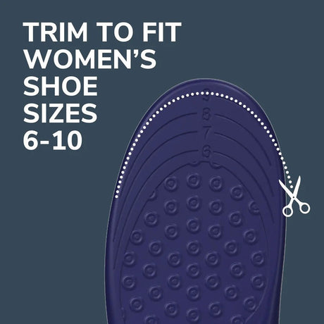 Navy blue shoe insole with text indicating size range and a pair of scissors on a dark blue background - okotoks hc pharmacy