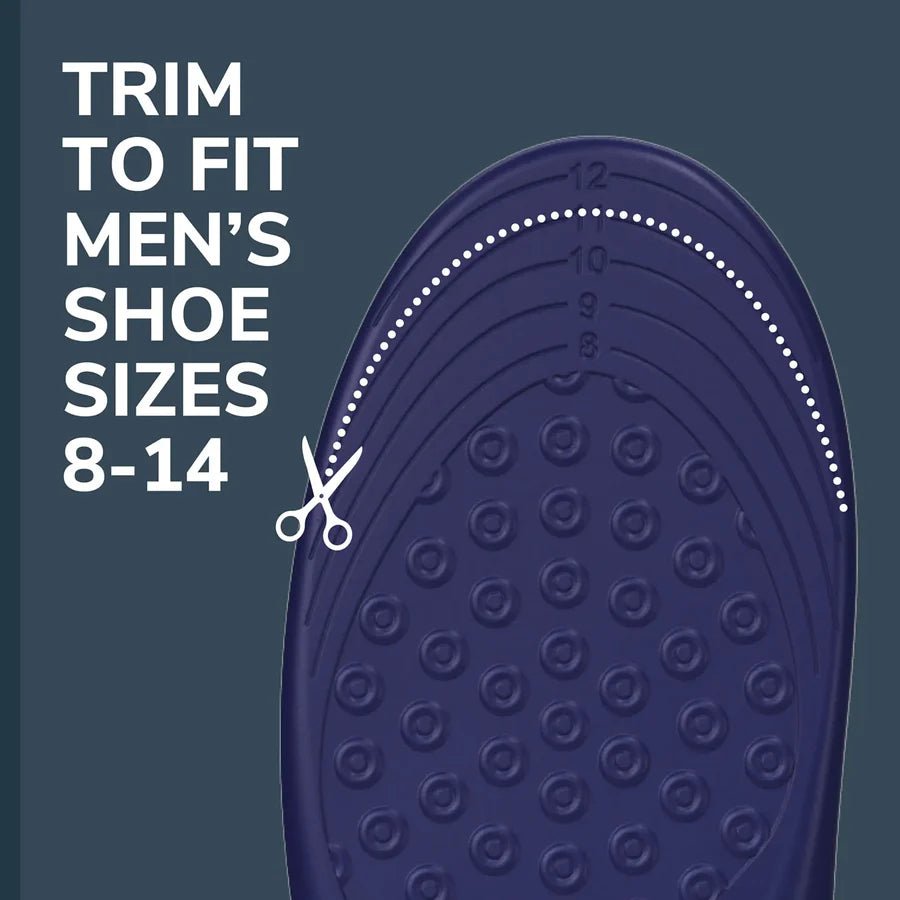 Navy blue insole with size markings and text indicating shoe size range on a dark blue background - okotoks hc pharmacy