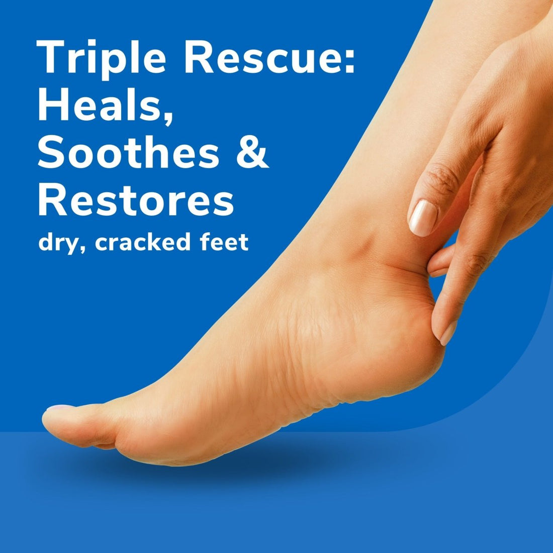 Foot with hand holding it, against a blue background with text about foot care product. - okotoks hc pharmacy