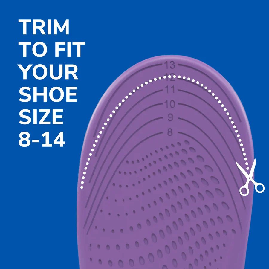Purple shoe insole with size markings and a pair of scissors on a blue background, text 'Trim to fit your shoe size 8-14'. - okotoks hc pharmacy