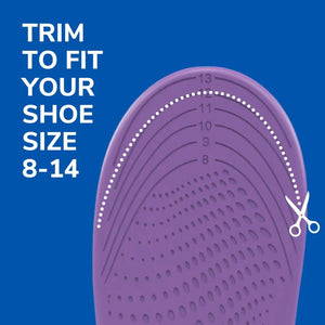 Purple shoe insole with size markings and a pair of scissors on a blue background, text 'Trim to fit your shoe size 8-14'. - okotoks hc pharmacy