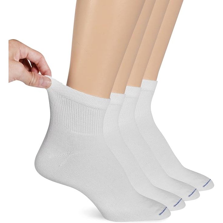 Set of white ankle socks with a brand logo on a beige background - okotoks hc pharmacy