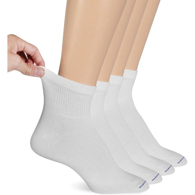 Set of white ankle socks with a brand logo on a beige background - okotoks hc pharmacy