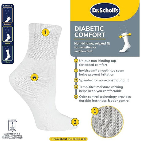Dr. Scholl's diabetic comfort sock with features listed on a white background - okotoks hc pharmacy