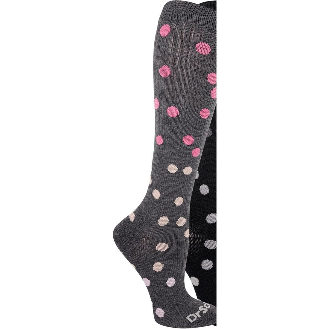 Two pairs of knee-high socks with polka dot pattern on a white background -  okotoks hc pharmacy