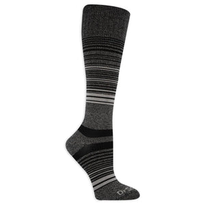 Gray knee-high sock with black and white striped pattern on a white background - okotoks hc pharmacy