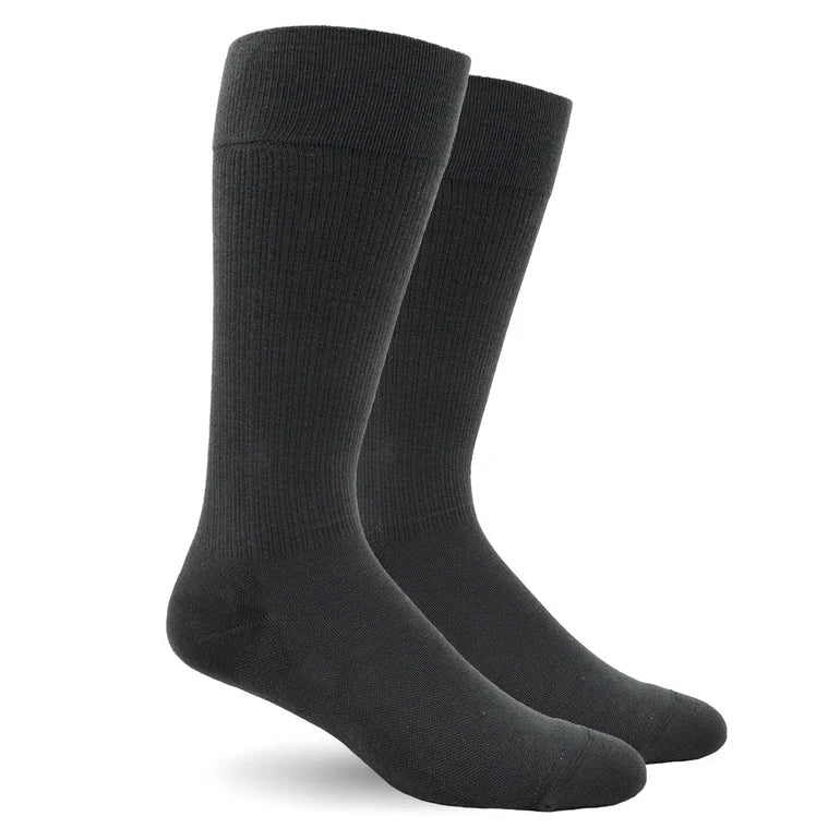 A pair of dark charcoal gray ribbed crew socks displayed on invisible forms against a plain white background. - okotoks hc pharmacy