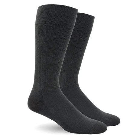 A pair of dark charcoal gray ribbed crew socks displayed on invisible forms against a plain white background. - okotoks hc pharmacy