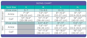 A sizing chart table with columns for S, M, L, and XL sizes, labeled for Women and Men, showing shoe size, ankle length, and calf length in inches and centimeters. - okotoks hc pharmacy