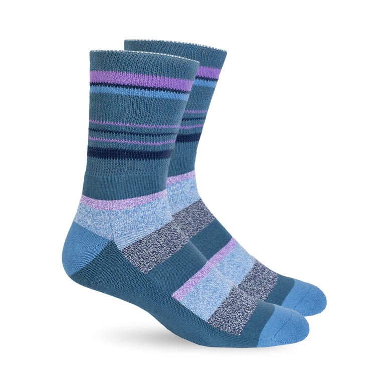 A pair of crew socks with horizontal stripes in shades of blue, purple, and gray, displayed against a clean white background. - okotoks hc pharmacy