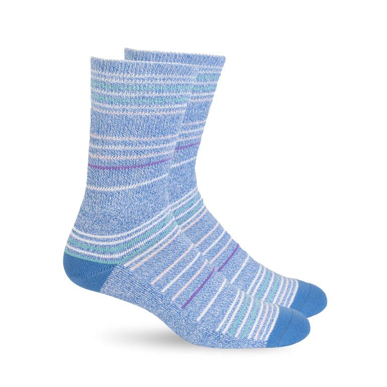 A pair of crew socks with a heathered light blue base and horizontal stripes in white, light blue, and purple, shown against a plain white background. - okotoks hc pharmacy